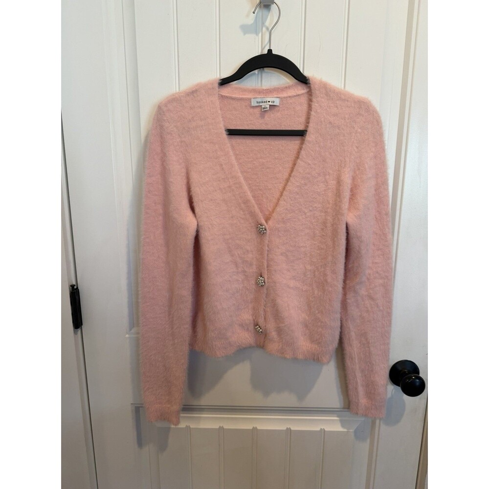 Hooked Up Juniors L Pink Fuzzy Cardigan Pearl Rhinestone Buttons NWOT